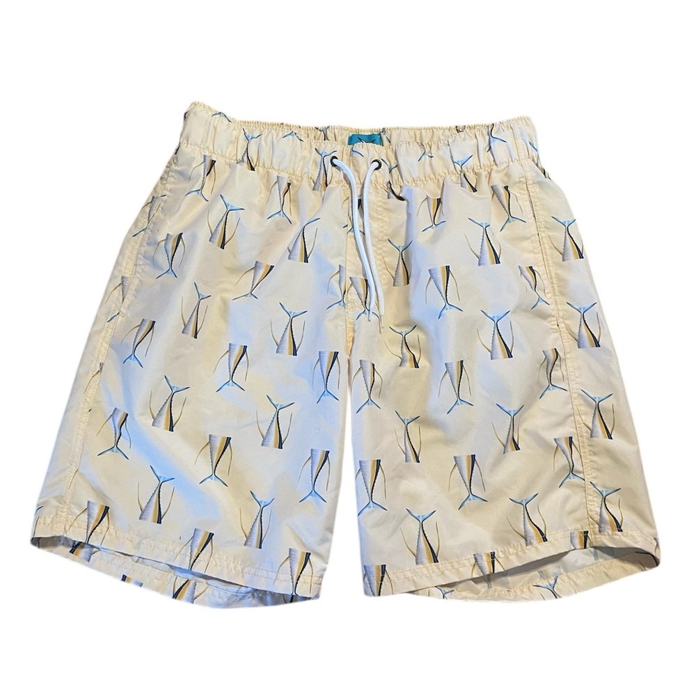 Salty Squad Men’s Pale Yellow Tuna Tail Swim Trunks, Lined, Size Large, EUC‎
